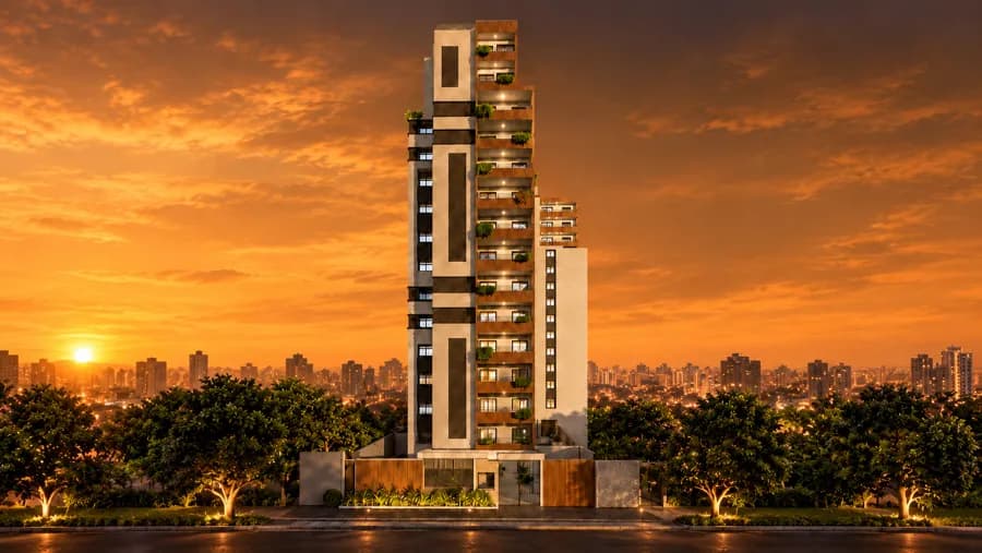 Fachada do Residencial Encantos de Racquel ao entardecer